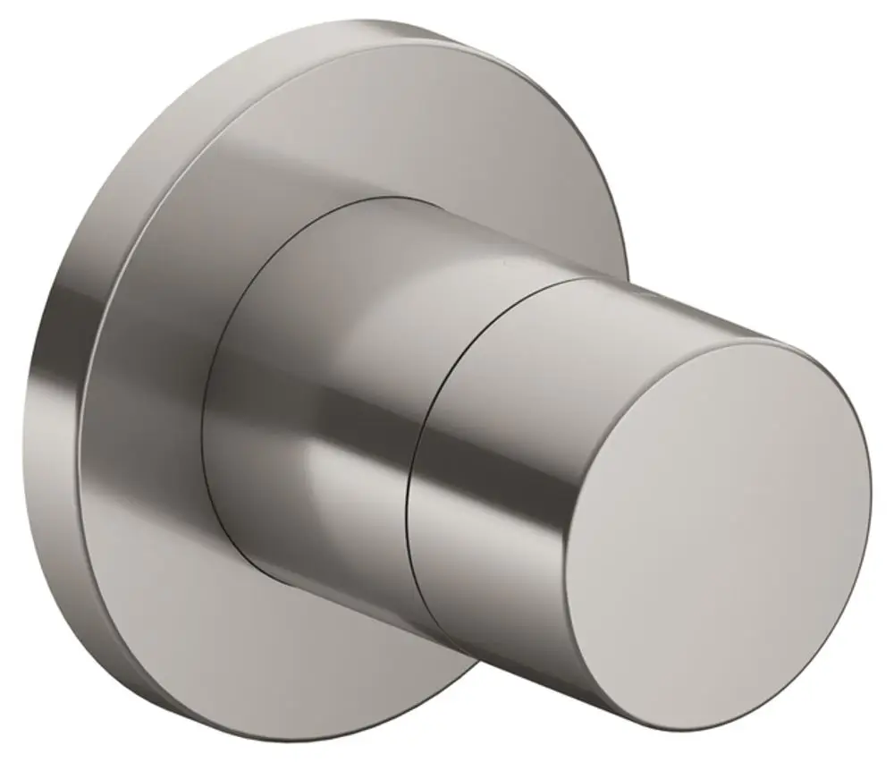 Rundes Edelstahlventil von Keuco mit flacher Oberfläche und minimalistischem Design, geeignet zur Wasserabsperrung in modernen Badezimmern.